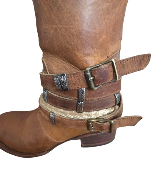 Freebird Drove Tan Distressed Leather Strappy Cowboy Boots Size 6 - Picture 4 of 17